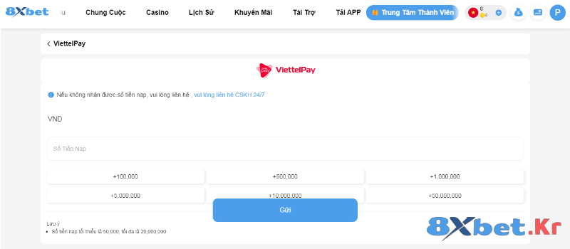 Gửi đi mục tiền muốn nạp vào 8Xbet