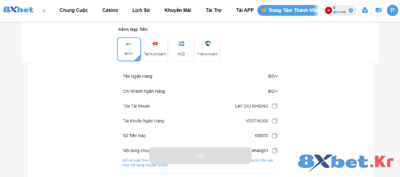 Hỗ trợ người chơi nạp tiền vào 8Xbet