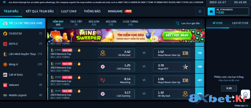 List game Esports của 8Xbet đa dạng