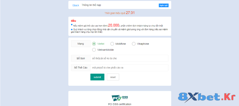 Nạp tiền vào ví 8Xbet thẻ bằng cào điện thoại