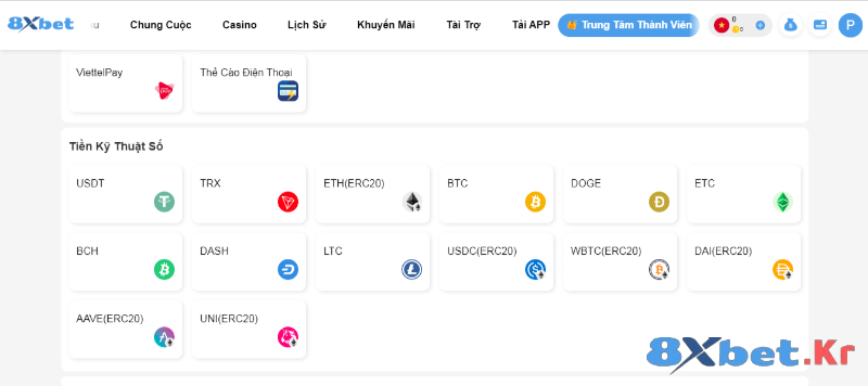 Nạp tiền 8Xbet bằng tiền kỹ thuật số
